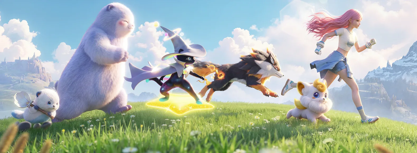 A traveller runs across a flower meadow alongside several Aniimo companions